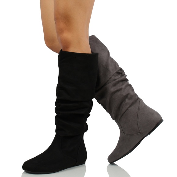 Grey Faux Suede Slouchy Knee High Flat Boot - Picture 7 of 7
